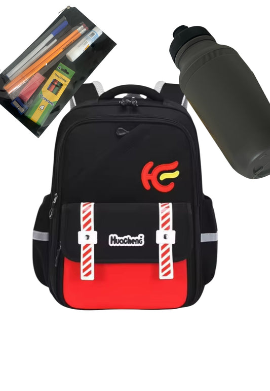 Black and red backpack with a logo, pencil case, and water bottle on a white background